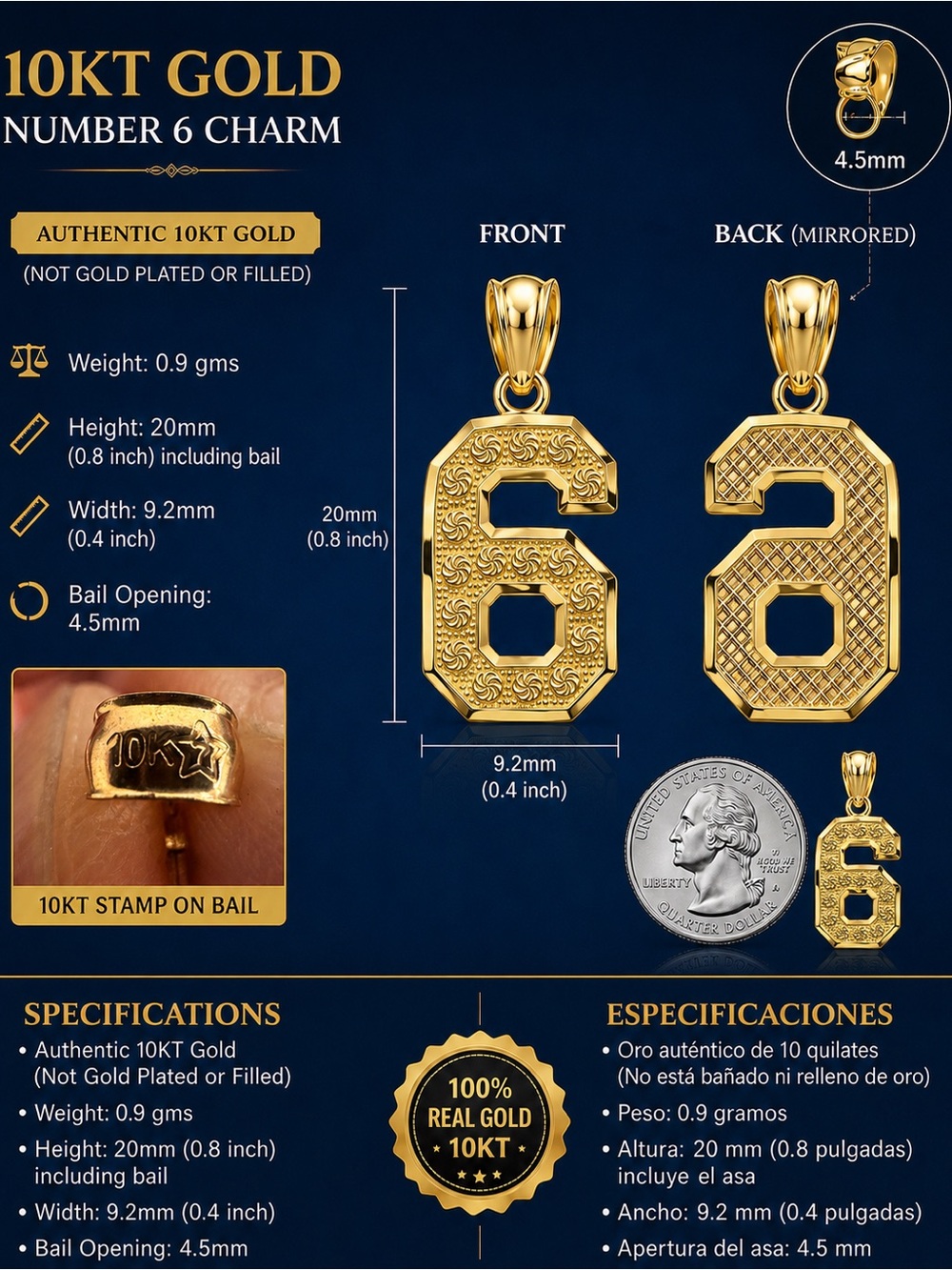 10KT Gold Number 6 Charm Pendant - Gold Number 6